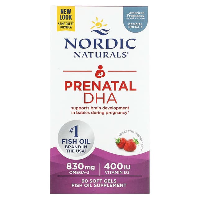 Nordic Naturals Prenatal DHA, клубника - 830 мг омега-3 + 400 МЕ витамина D3-90 в мягких гелях - поддерживает развитие мозга у детей во время беременности и лактации  срок годности 06/2028