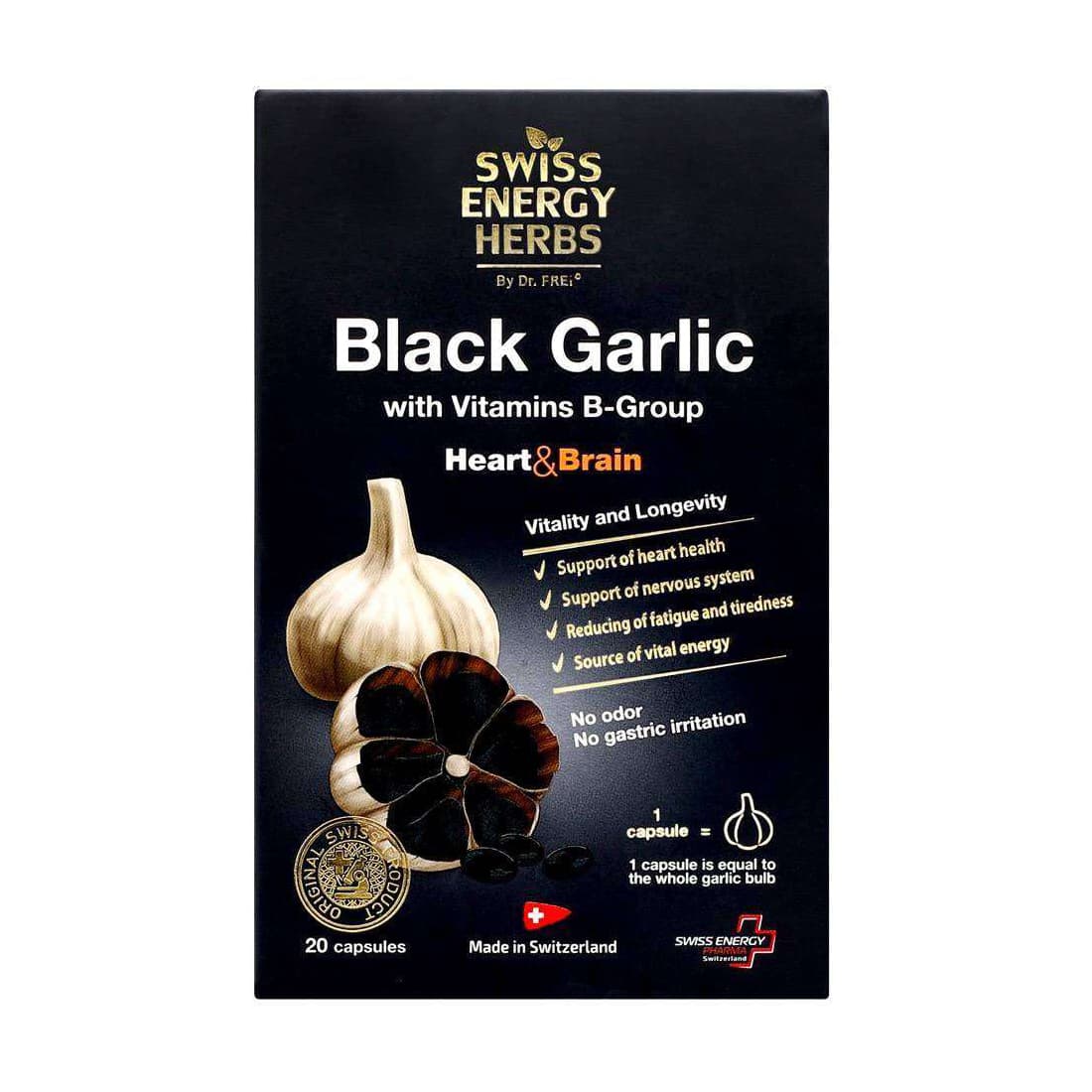 Swiss Energy Herbs, Black Garlic, экстракт черного чеснока с витамином B, 20 капсул