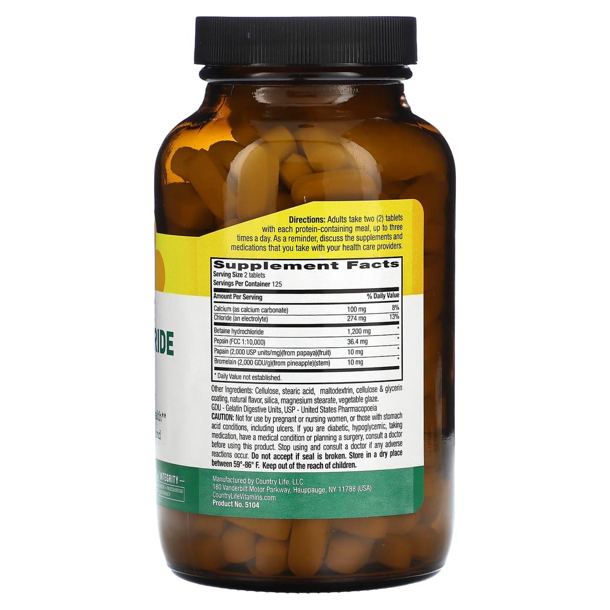 Country Life, Betaine Hydrochloride - гидрохлорид бетаина с пепсином, 600 мг, 250 таблеток