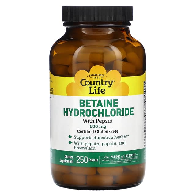 Country Life, Betaine Hydrochloride - гидрохлорид бетаина с пепсином, 600 мг, 250 таблеток