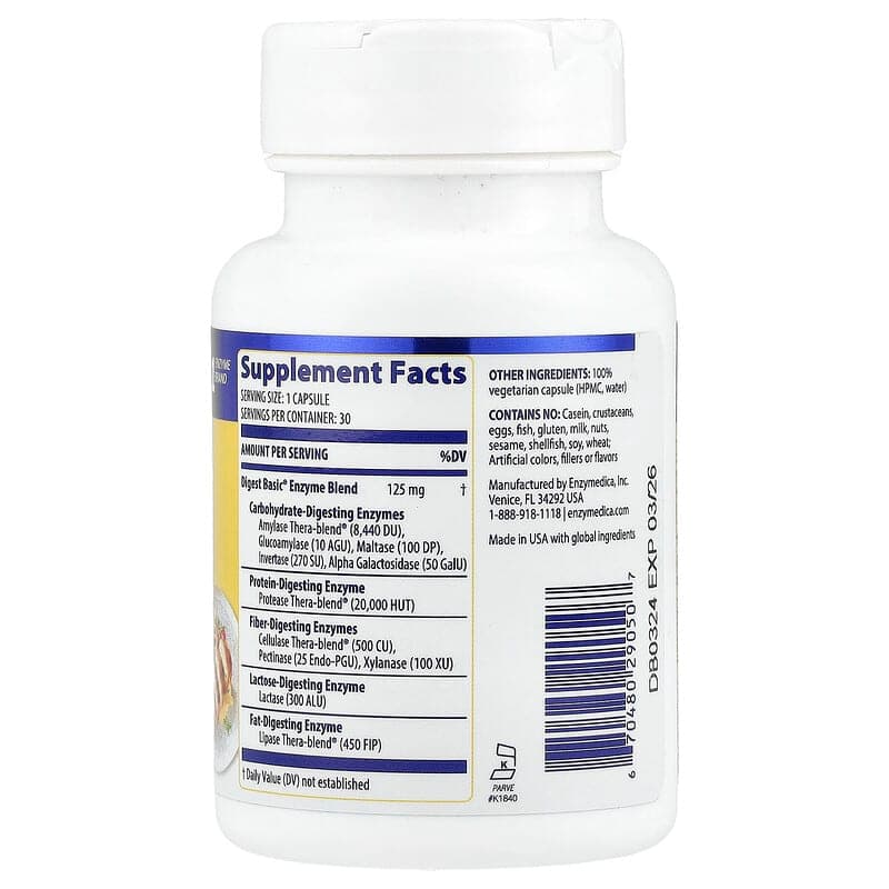 Enzymedica, Digest Basic, формула основных ферментов, 30 капсул