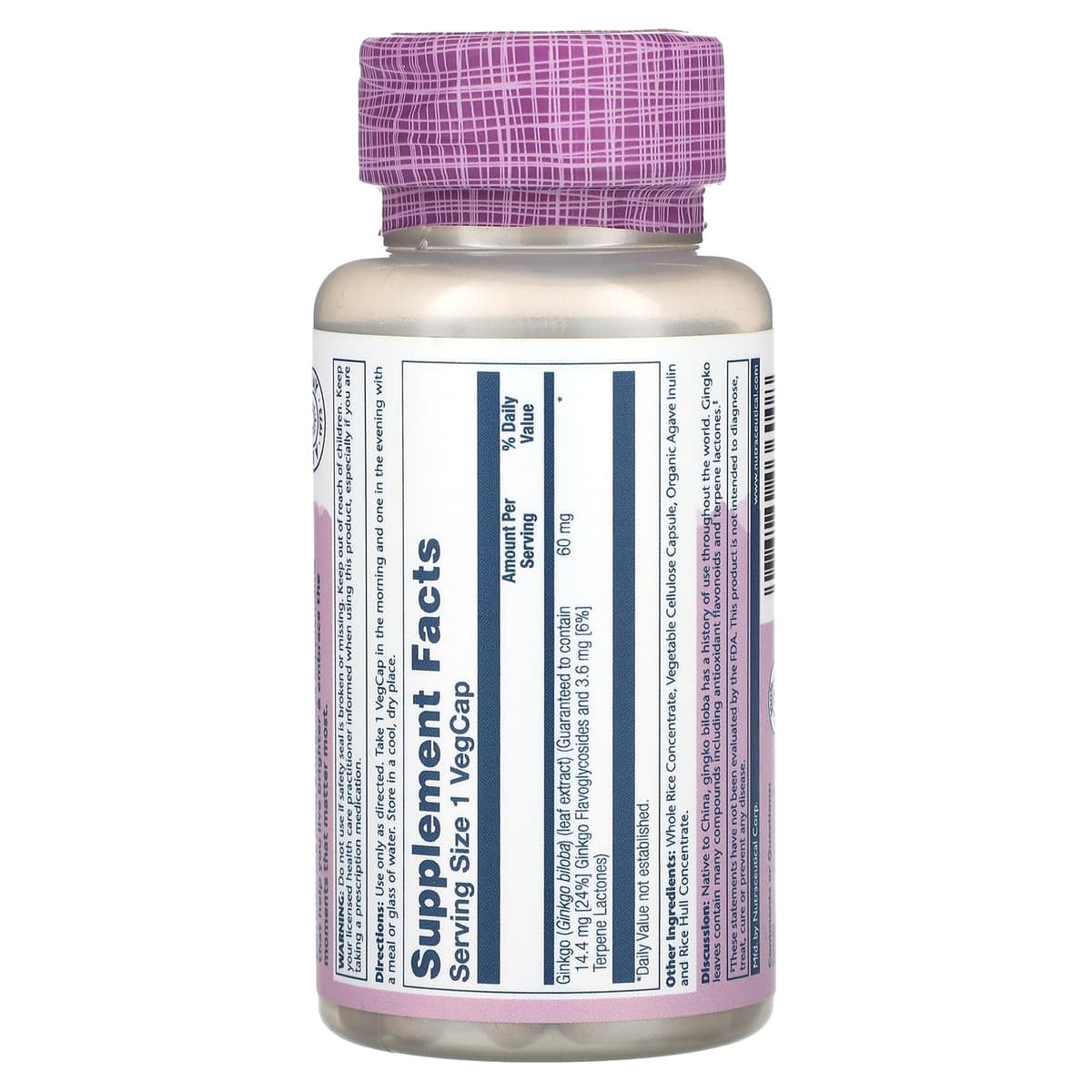 Solaray, Vital Extracts, гинкго билоба, 60 мг, 60 растительных капсул