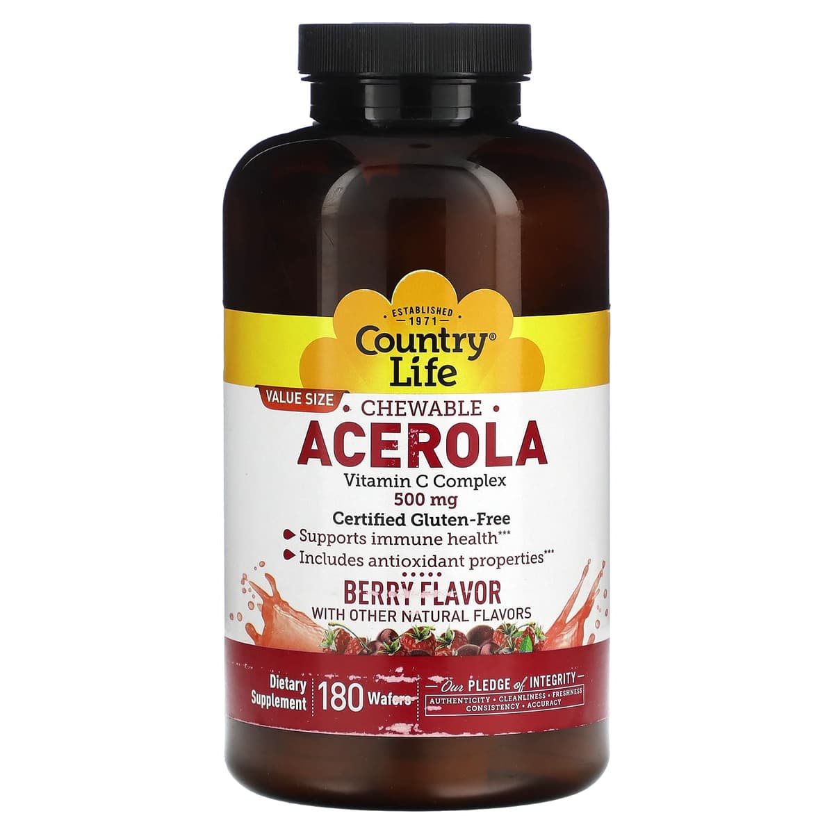Country Life, , комплекс витаминов C + Acerola , ягоды, 500 мг, 180 вафель