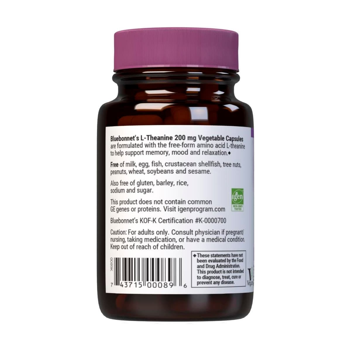 Bluebonnet Nutrition, L-Theanine 200 мг, 30 капсул