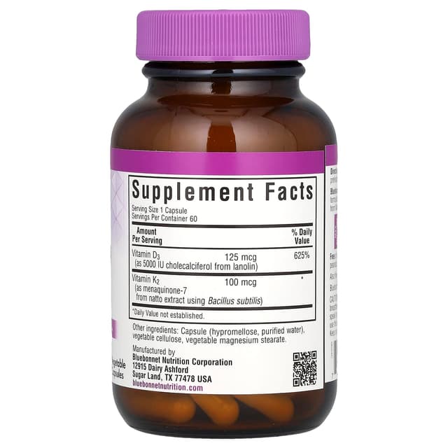Bluebonnet Nutrition, витамины D3 и K2, 60 вегетарианских капсул