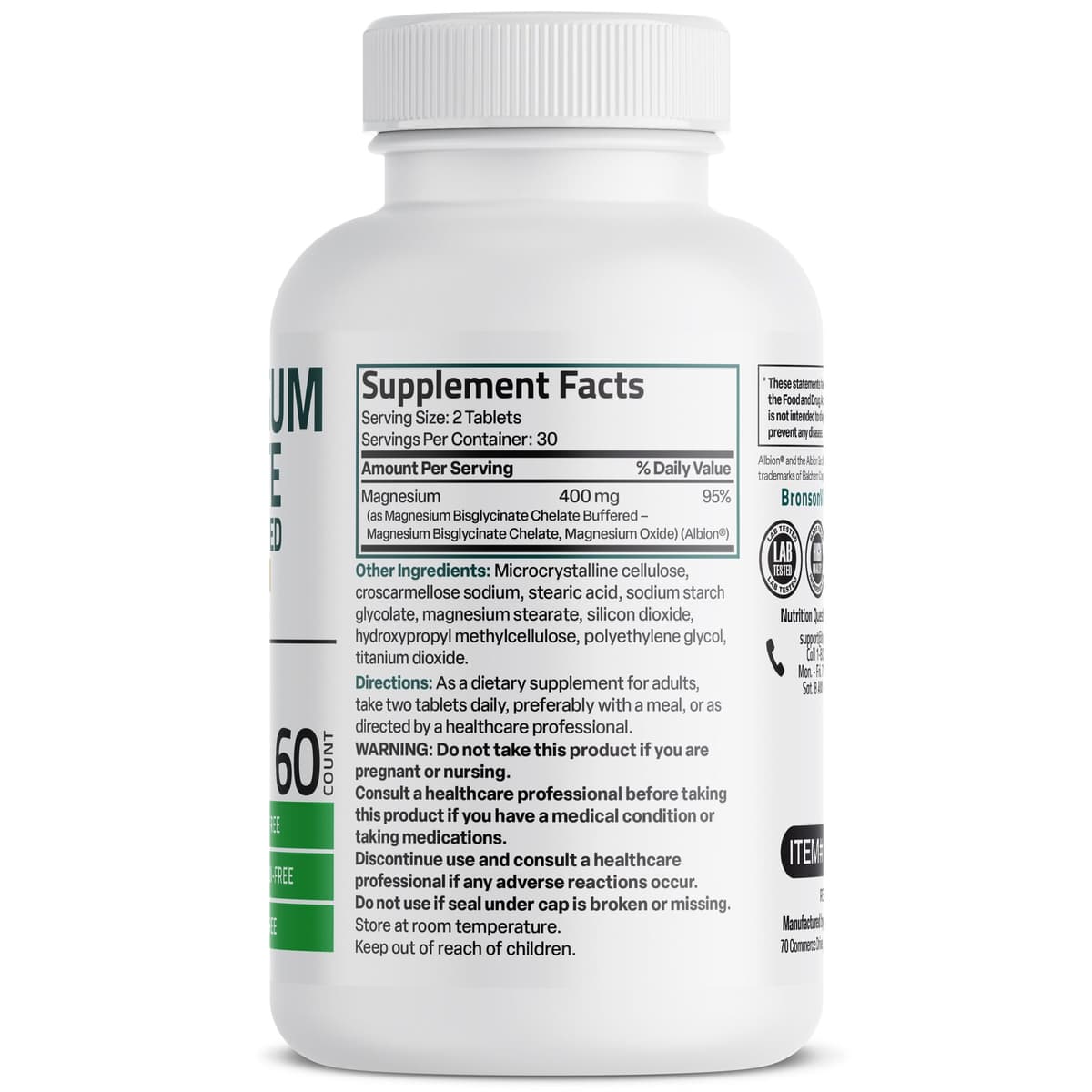 Bronson - Magnesium Glycinate, Extra Strength с высоким уровнем усвояемости, 400 мг, 60 капсул
