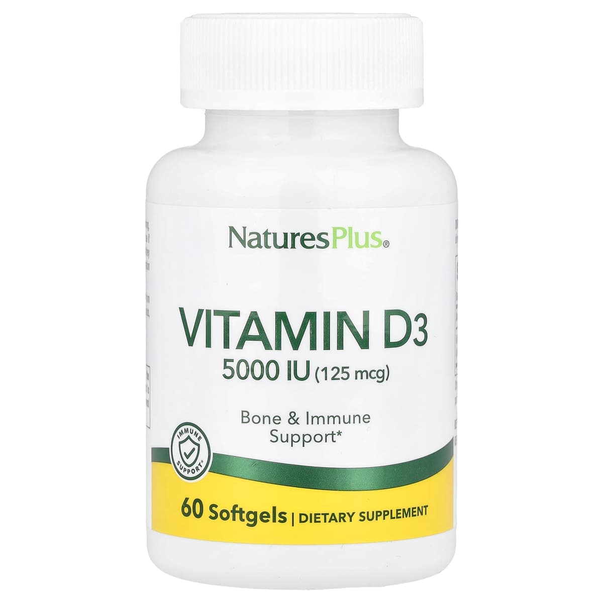 NaturesPlus, витамин D3, 125 мкг (5000 МЕ), 60 мягких таблеток