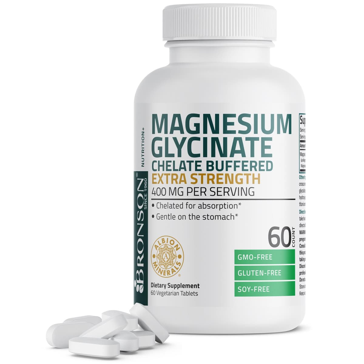 Bronson - Magnesium Glycinate, Extra Strength с высоким уровнем усвояемости, 400 мг, 60 капсул