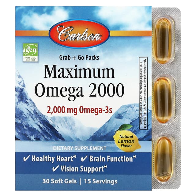 Carlson, Maximum Omega 2000, омега с натуральным лимонным вкусом, 30 капсул (1000 мг в 1 капсуле)