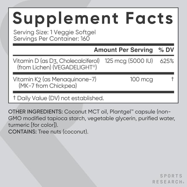 Sports Research, D3 + K2, 5000 UI + 100 мкг, 160 растительных капсул