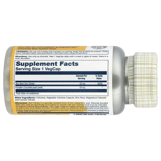 Solaray, Цитрат цинка с тыквенными семечками, 60 вегетарианских капсул
