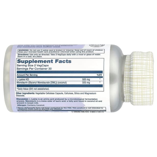 Solaray, L-лизин и монолаурин, в соотношении 1:1, 60 вегетарианских капсул