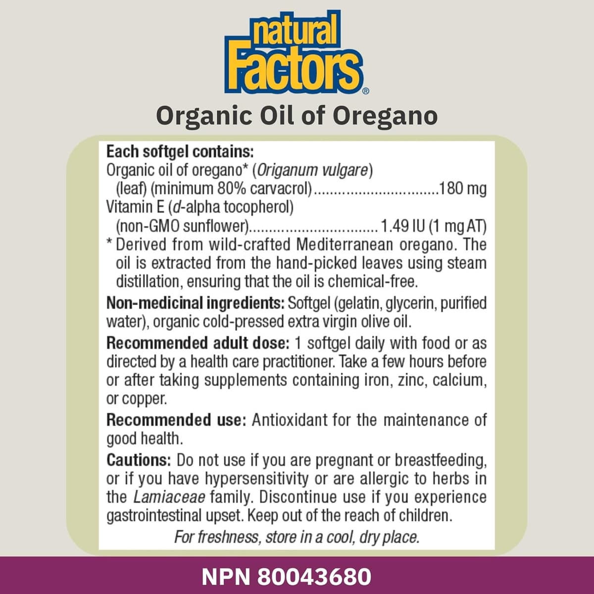 Natural Factors, масло орегано, 180 мг, 60 капсул