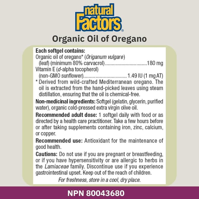 Natural Factors, масло орегано, 180 мг, 60 капсул
