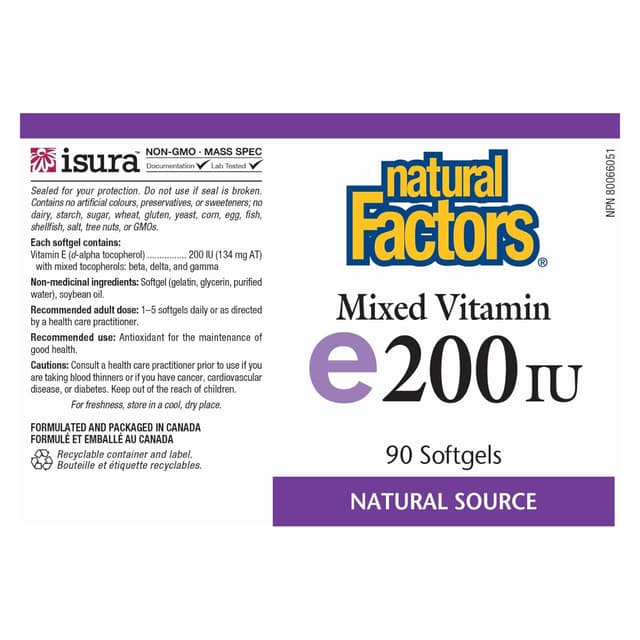 Natural Factors, витамин E, 200 МЕ, 90 капсул