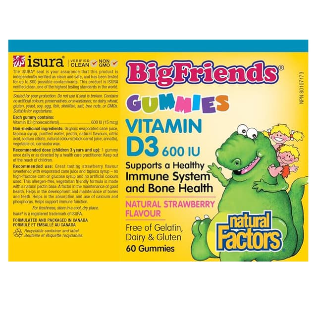Natural Factors - Big Friends, Витамин D3 600?IU (клубника) — 60 жевательных пастилок
