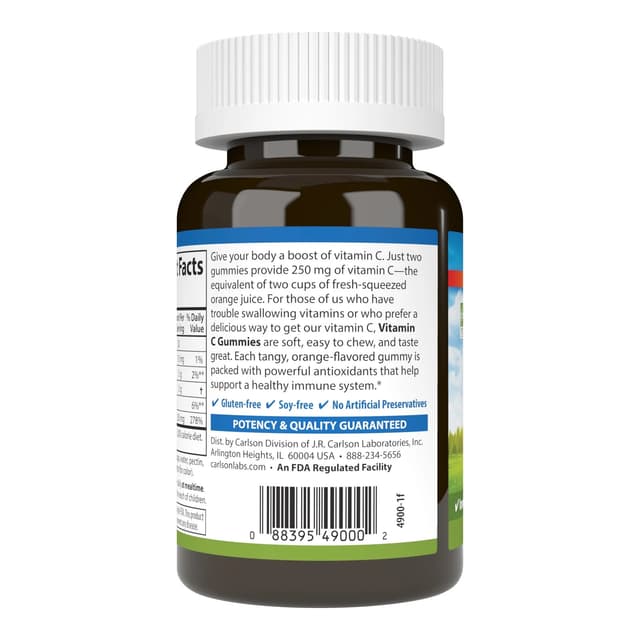 Carlson Labs Vitamin C Gummies, со вкусом мандарина, 250 мг, 60 жевательных пастилок