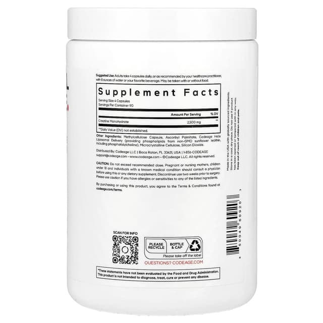 Codeage, Sport, липосомальный креатин, 360 растительных капсул (625 мг на капсулу)