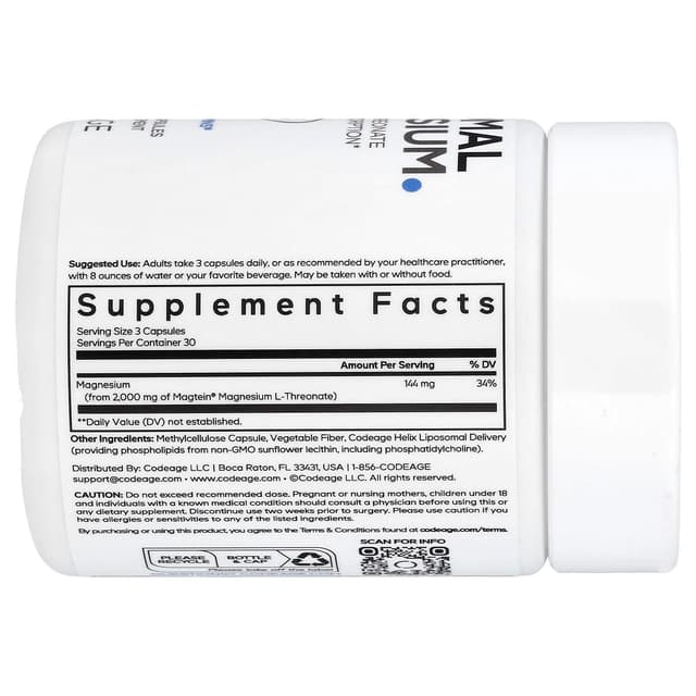 Codeage, липосомальный L-треонат магния, 90 растительных капсул