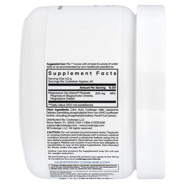Codeage, липосомальный глицинат магния в порошке, без вкусовых добавок, 85,2 г (3 унции)