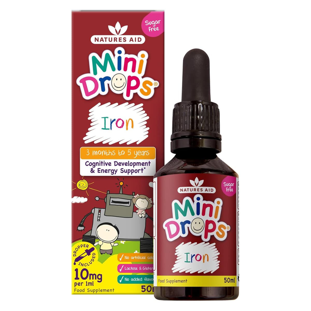Natures Aid Iron Mini Drops для детей — жидкое железо для когнитивного развития, 50 мл, 10 мг на порцию