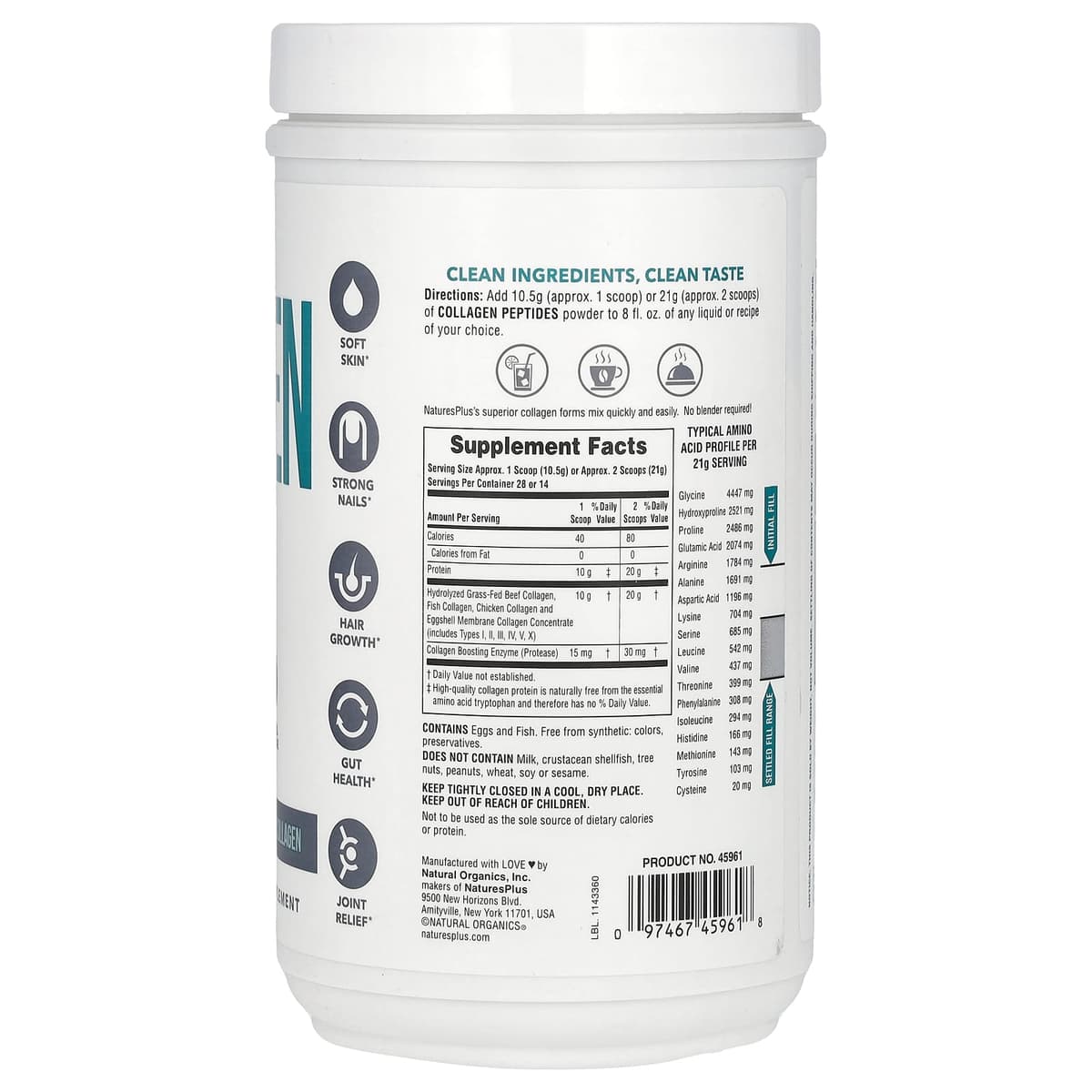 NaturesPlus, Пептиды коллагена все 6 типов в одной порции 294 гр