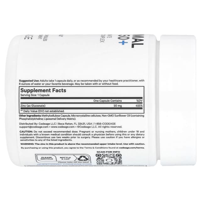 Codeage, липосомальный цинк 50+, 50 мг, 100 растительных капсул