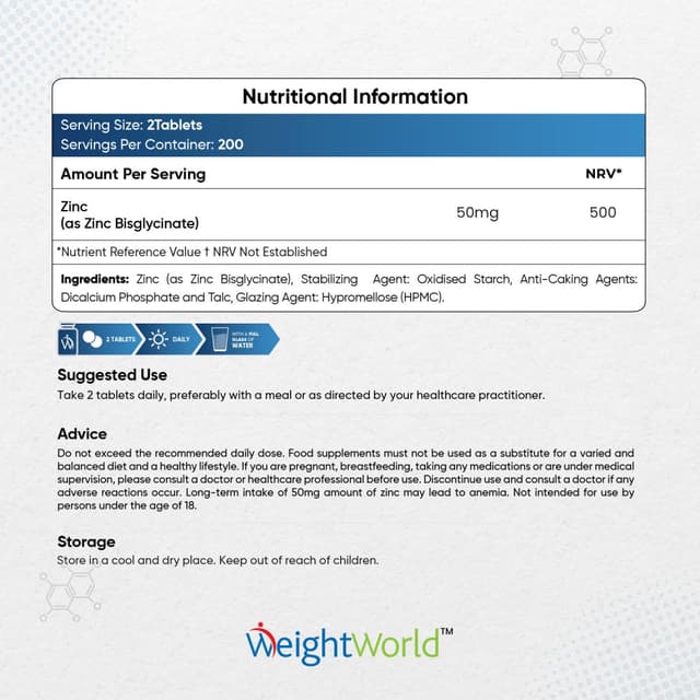 WeightWorld - Цинк Бисглицинат, 50 мг, 400 таблеток