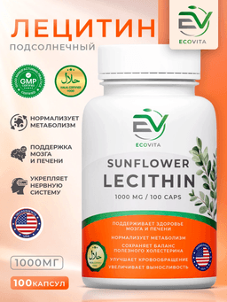 EcoVita, Lecithin, для здоровья печени, мозга и нервной системы, 1000 мг, 100 капсул
