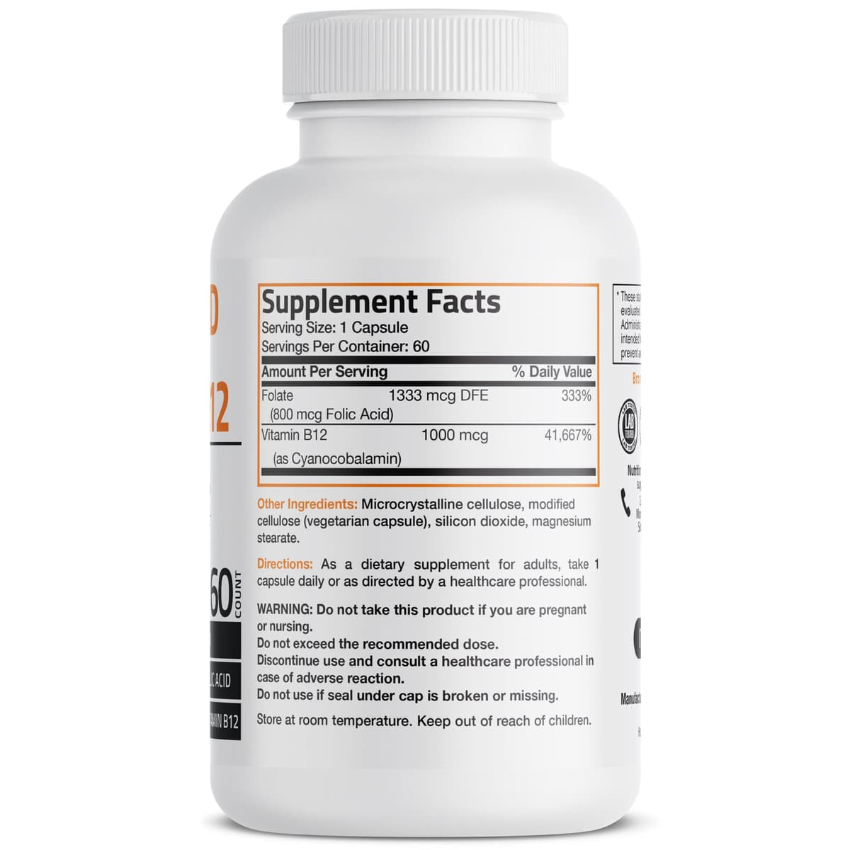 Bronson - Folic Acid (Фолиевая кислота) Plus Vitamin B12, 60 вег капсул