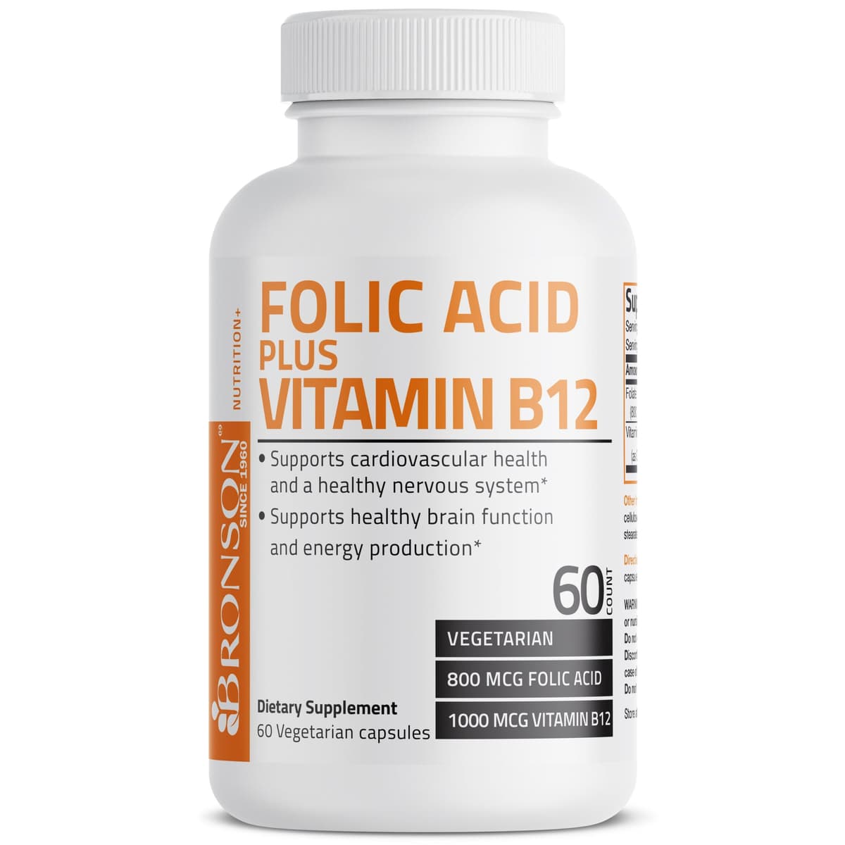Bronson - Folic Acid (Фолиевая кислота) Plus Vitamin B12, 60 вег капсул