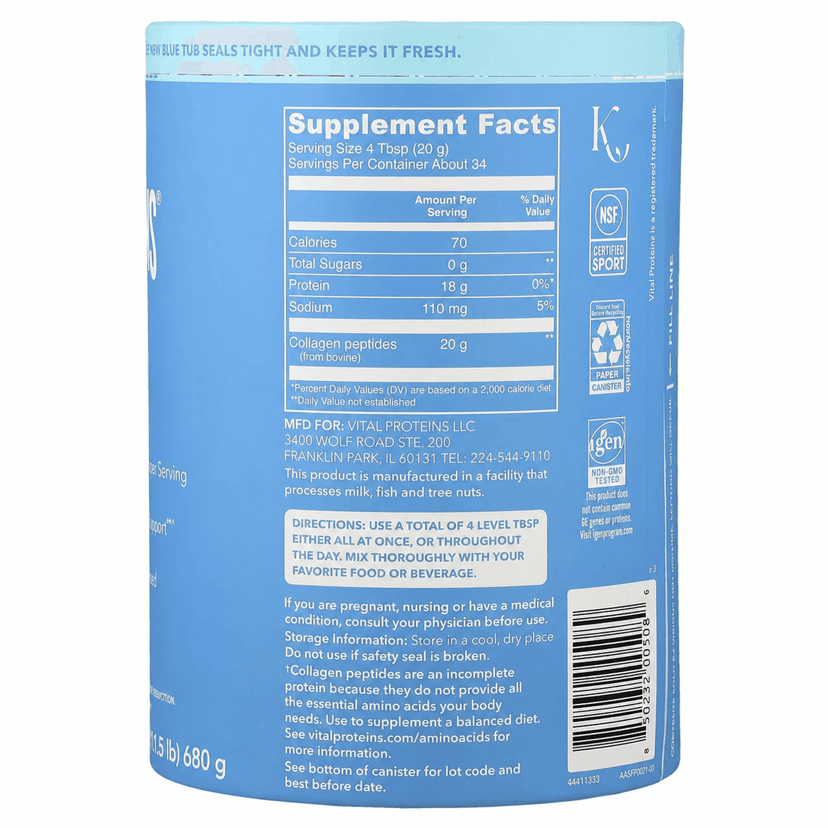 Vital Proteins, пептиды коллагена, без вкусовых добавок, 680 гр