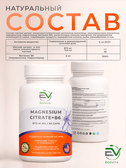EcoVita Магний цитрат + В6 — для нервной системы, 60 капсул