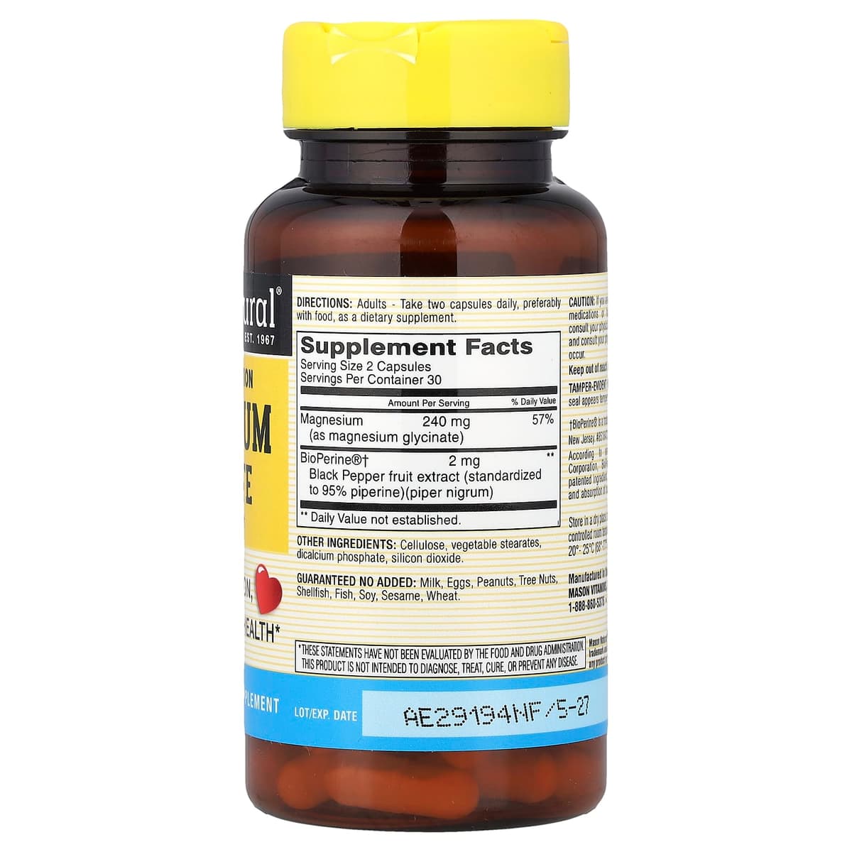 Mason Natural, глицинат магния для оптимального усвоения с BioPerine, 60 капсул