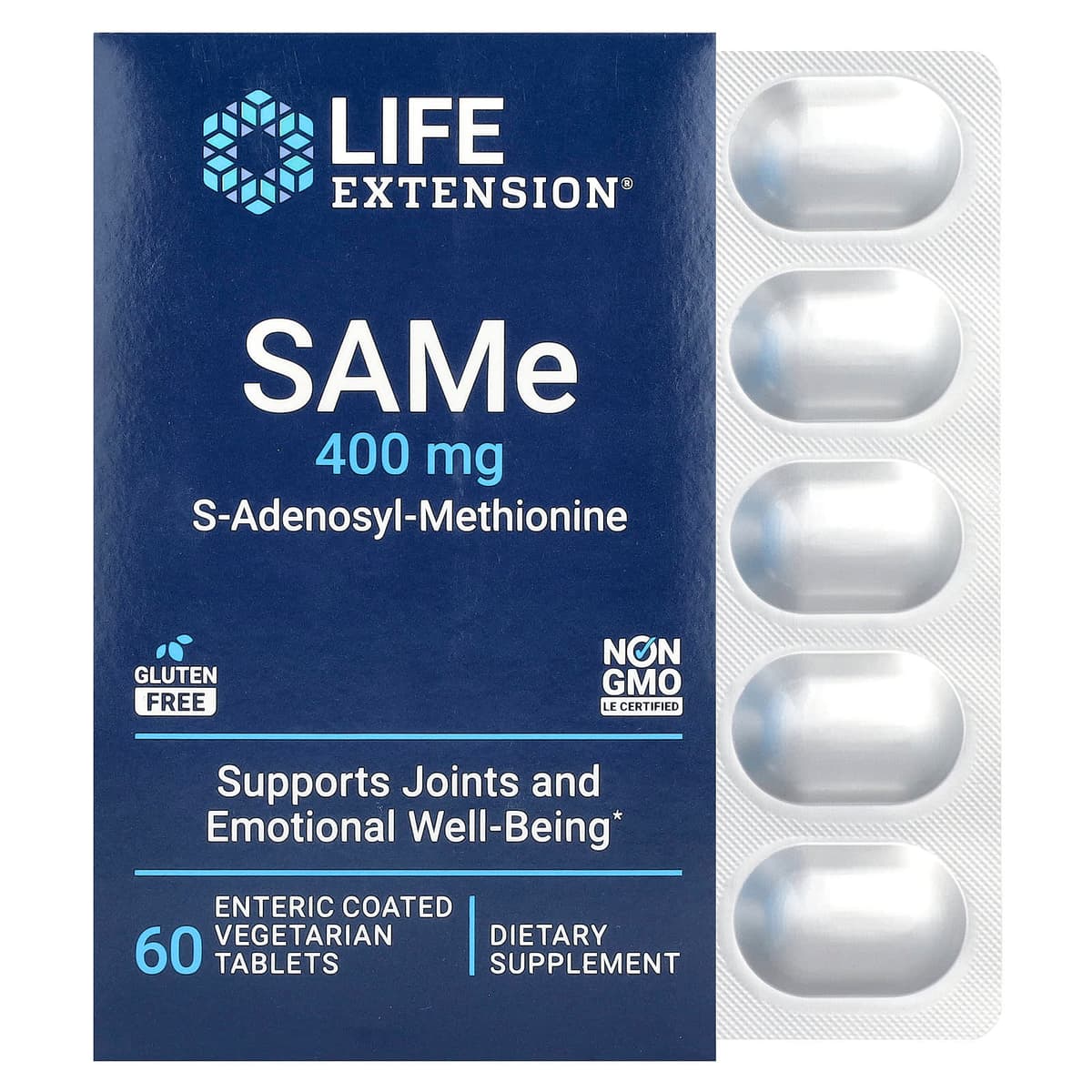 Life Extension, SAMe, S-аденозилметионин, 400 мг, 60 вегетарианских таблеток