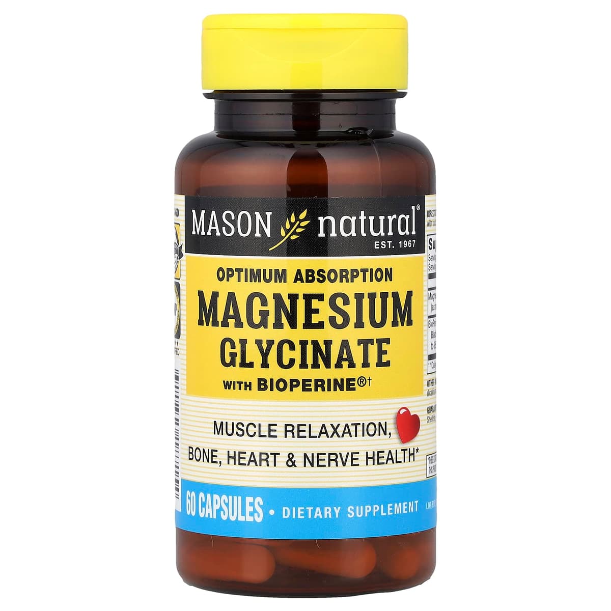 Mason Natural, глицинат магния для оптимального усвоения с BioPerine, 60 капсул