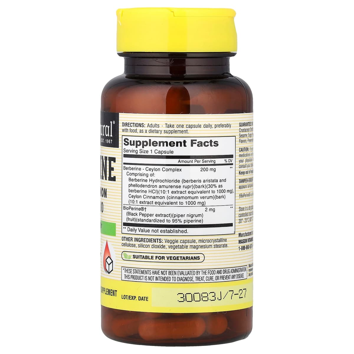 Mason Natural, берберин с BioPerine, 60 растительных капсул
