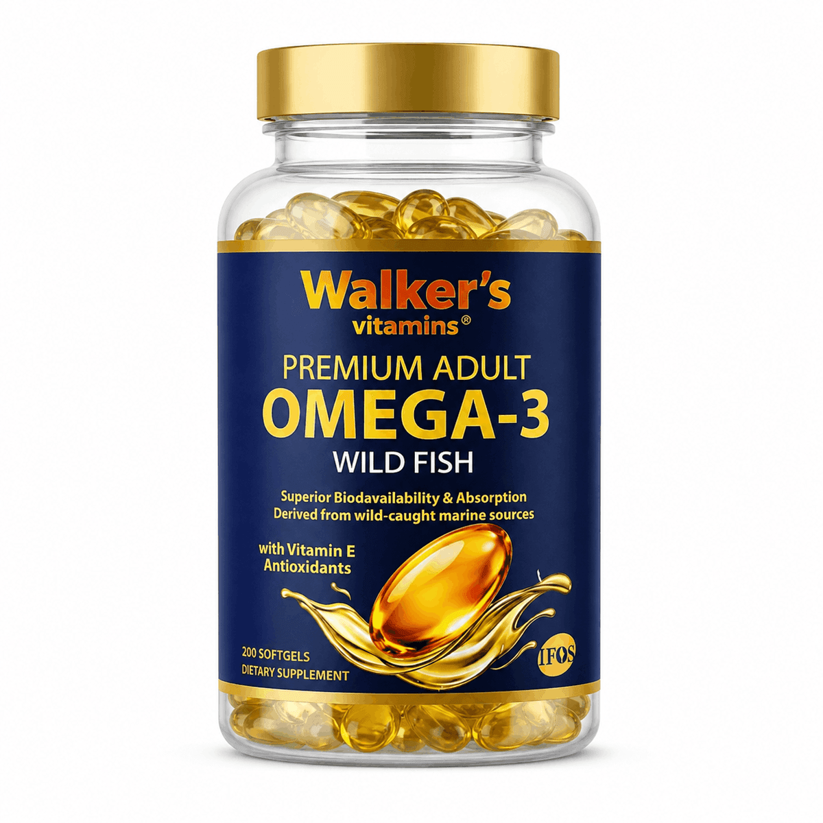 Walker's Vitamins Premium Adult Omega-3 Wild Fish, Витаимн Е, 200 капсул
