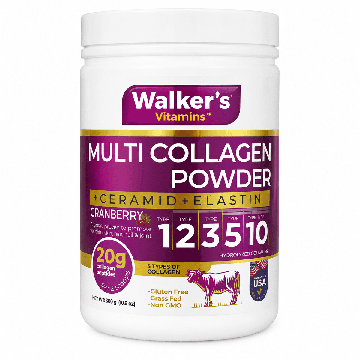 Walker's Vitamins Multi Collagen Powder — мультиколлаген с керамидом и эластином, 330 гр