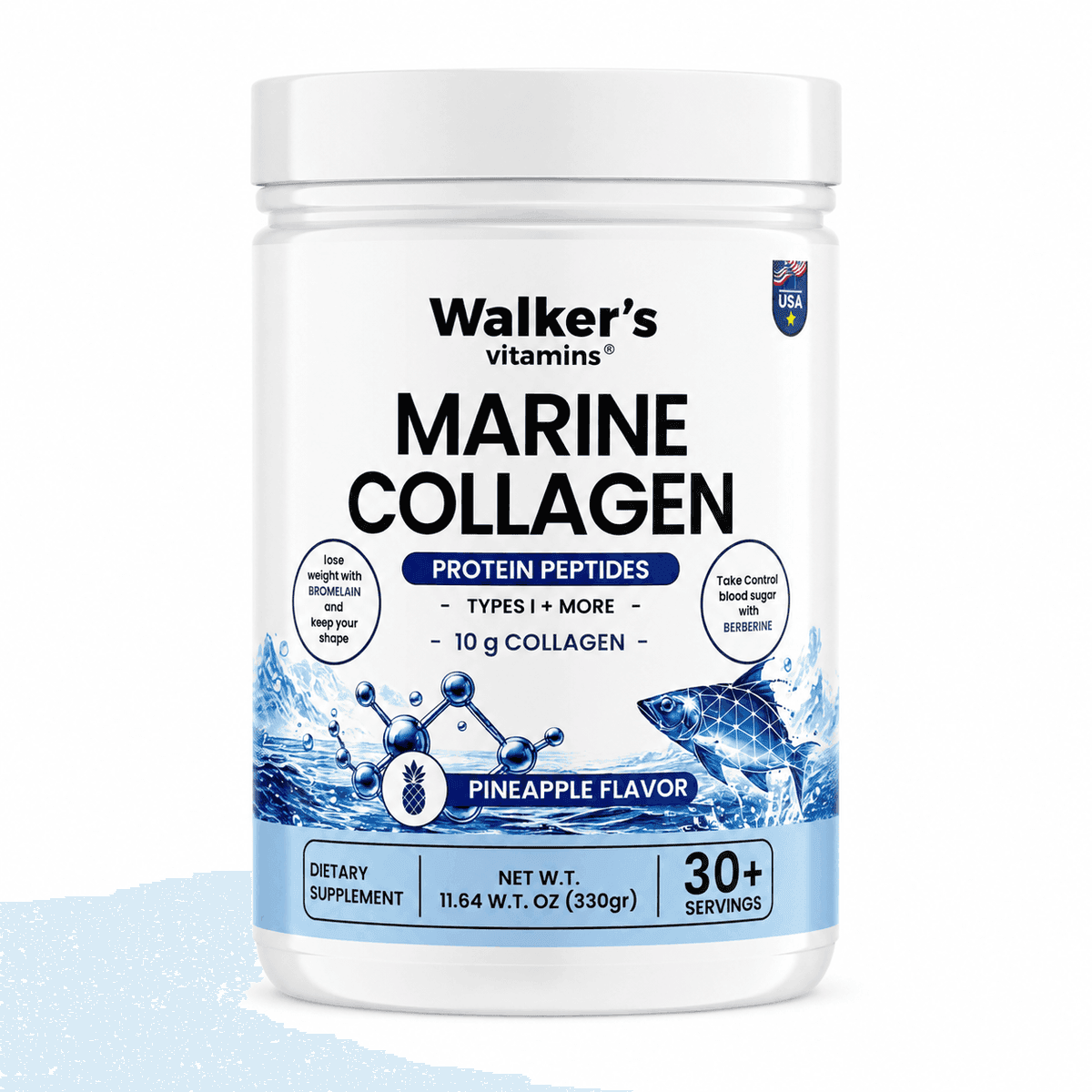 Walker's Vitamins Морской коллаген, Protein Peptides, 10 000 мг, со вкусом ананаса 330 гр