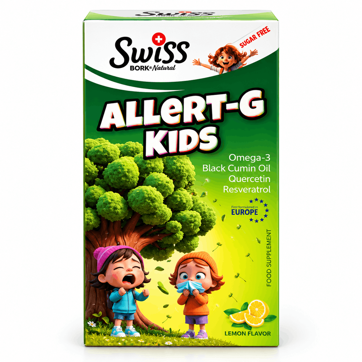 Swiss Bork Allert-G Kids, Омега-3 + чёрный тмин + кверцетин + ресвератрол, вкус лимон, без сахара, 150 мл