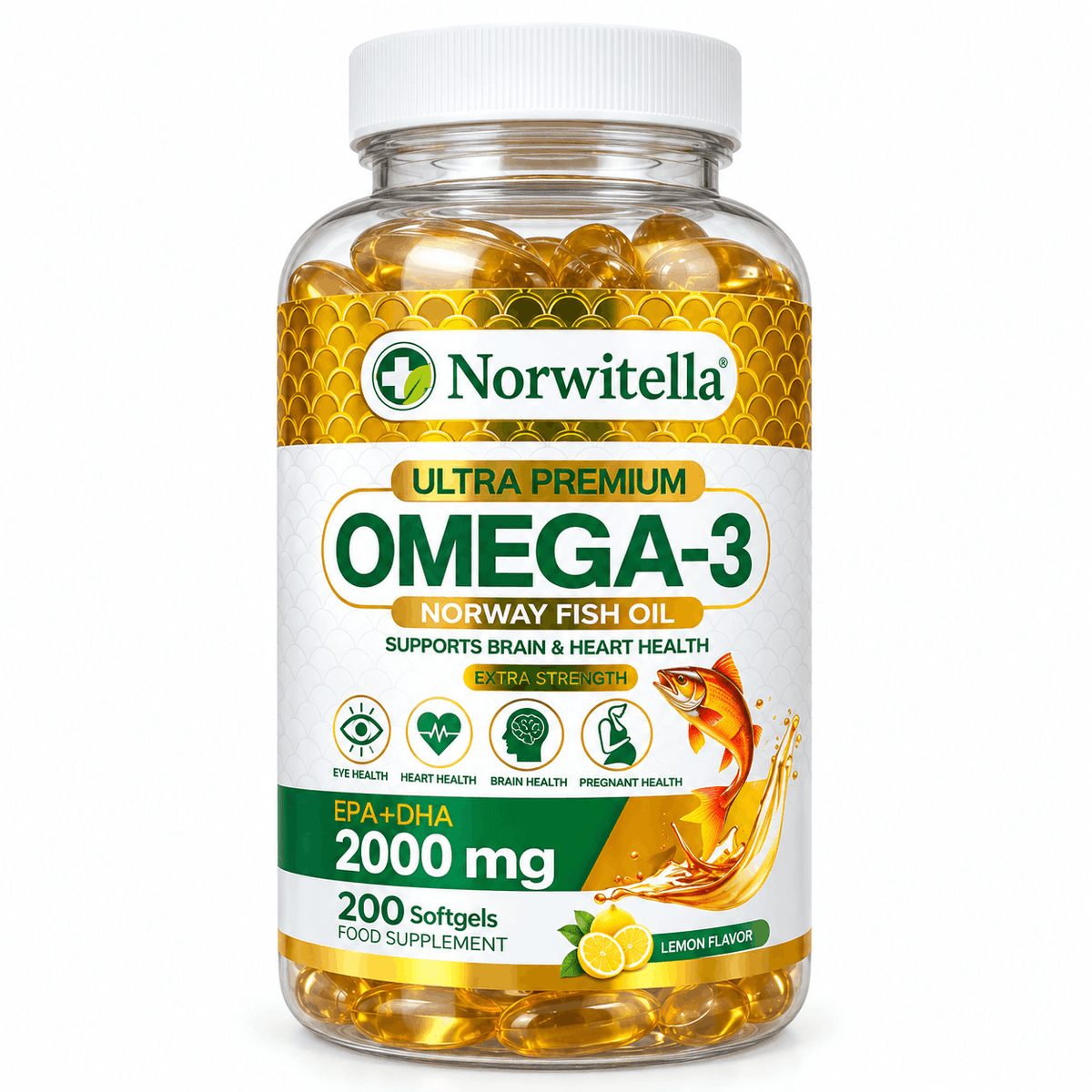 Norwitella Ultra Premium Omega-3 2000 мг, рыбий жир из Норвегии, вкус лимон, 200 капсул