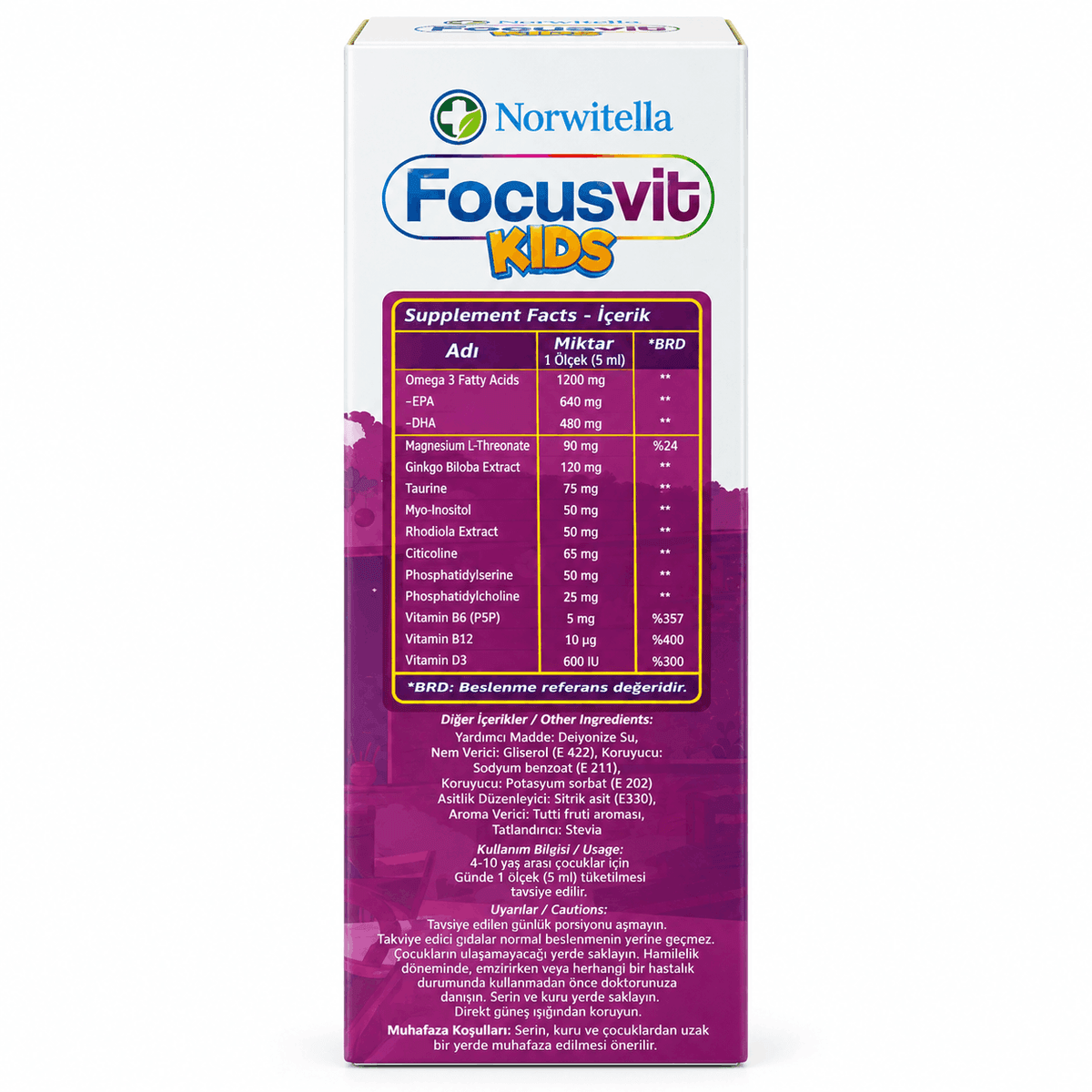 Norwitella Focusvit Kids, формула Neuro Focus с Омега-3, вкус Тутти-Фрутти, 150 мл