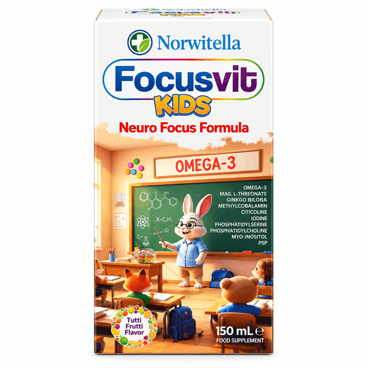 Norwitella Focusvit Kids, формула Neuro Focus с Омега-3, вкус Тутти-Фрутти, 150 мл