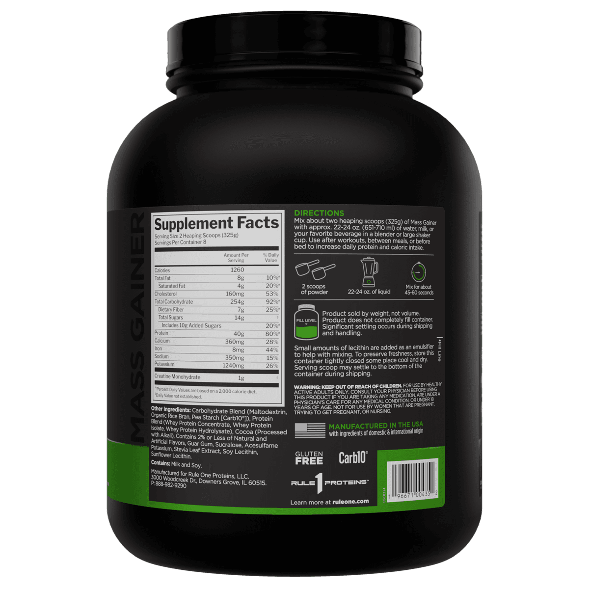 Rule One Mass Gainer, со вкусом шоколада, 8 порций - 2,6 кг