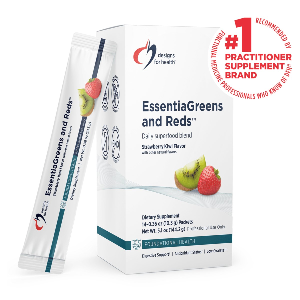 Design for health EssentiaGreens and Reds™, суперфуд из зелени, овощей и фруктов, вкус клубника-киви, 14 пакетиков