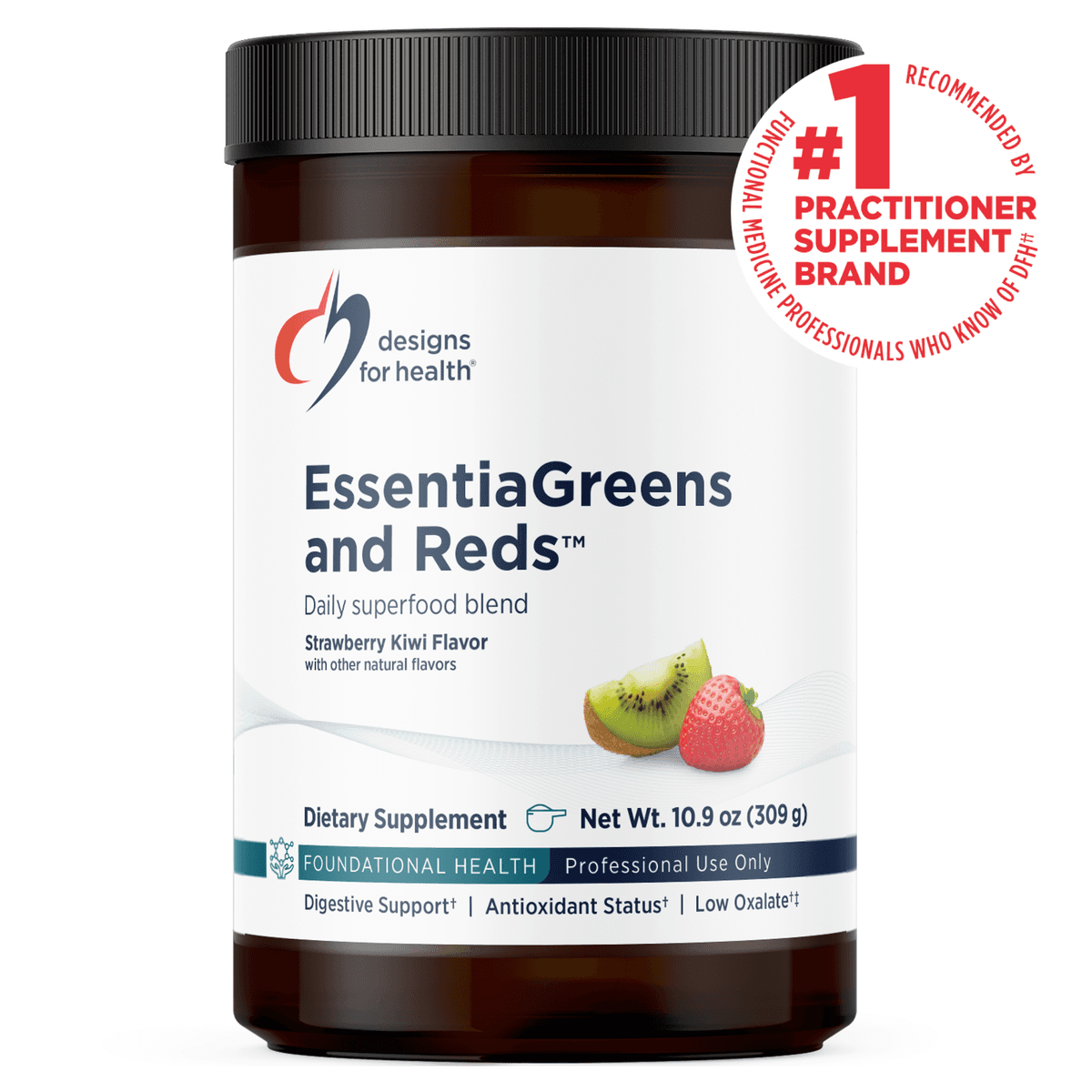 Design for health EssentiaGreens and Reds™, суперфуд из зелени, овощей и фруктов, вкус клубника-киви, 309 г