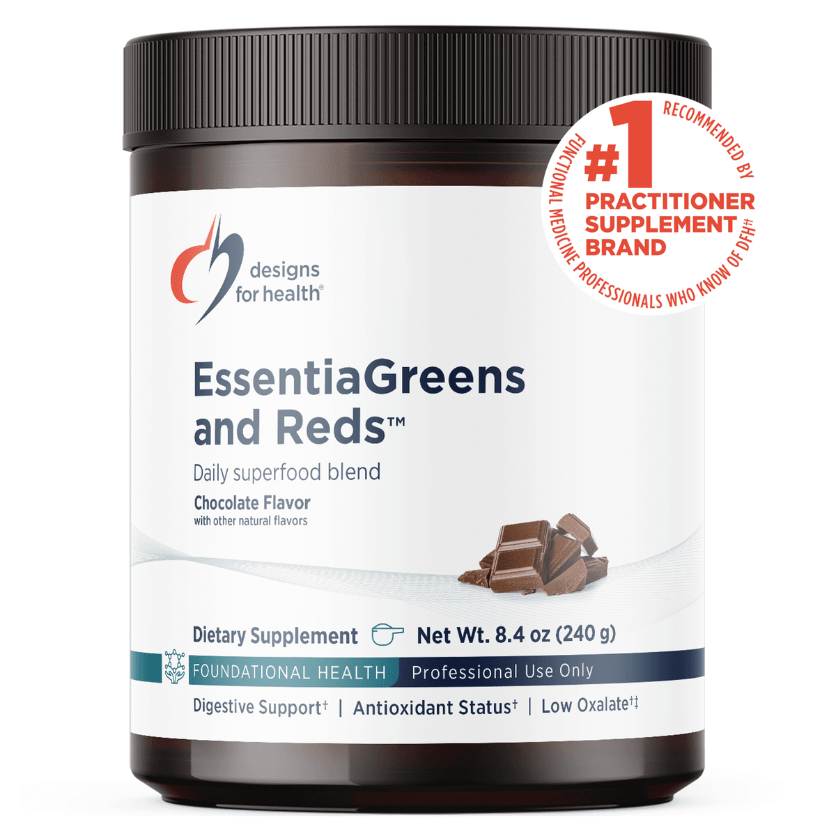Design for health EssentiaGreens and Reds™, суперфуд из зелени, овощей и фруктов, вкус шоколада, 240 г