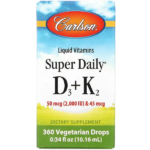 Carlson Labs, Super Daily витамины D3 и K2 в жидкой форме, 25 мкг (2000 МЕ) и 22,5 мкг, растительная формула, 360 вегетарианских капель, 10,16 мл