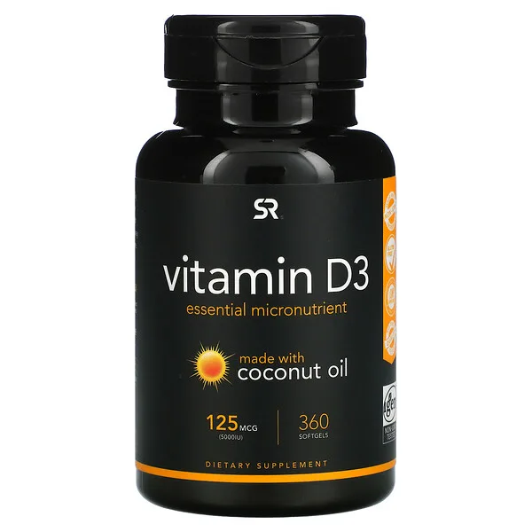 Sports Research, витамин D3 с кокосовым маслом, 125 мкг (5000 МЕ), 360 мягких таблеток